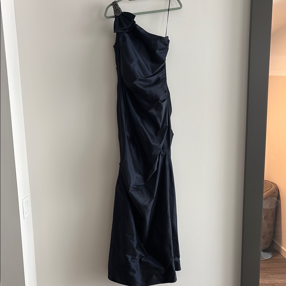 Blue Asymmetrical Ruched One Shoulder Gown